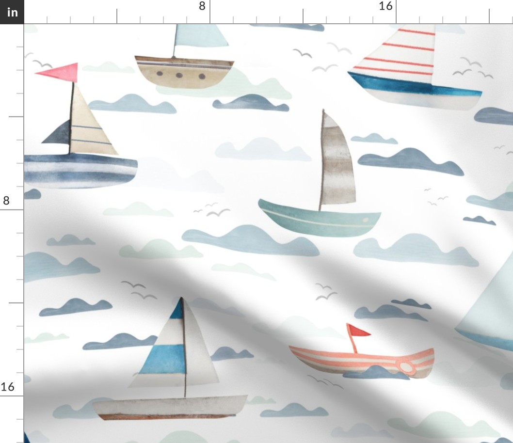 Life at Sea - Hand drawn watercolor Sail Boats Large - coastal wallpaper - ocean home decor - lake house