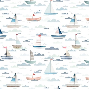 Life at Sea - Hand drawn watercolor Sail Boats medium - coastal decor - ships in the lake - kids apparel