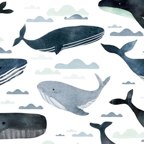 Life at Sea - Hand drawn watercolor whales Large - ocean wallpaper - coastal home decor - baby nursery