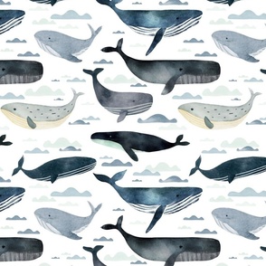 Life at Sea - Hand drawn watercolor whales medium - ocean coastal home decor - baby nursery