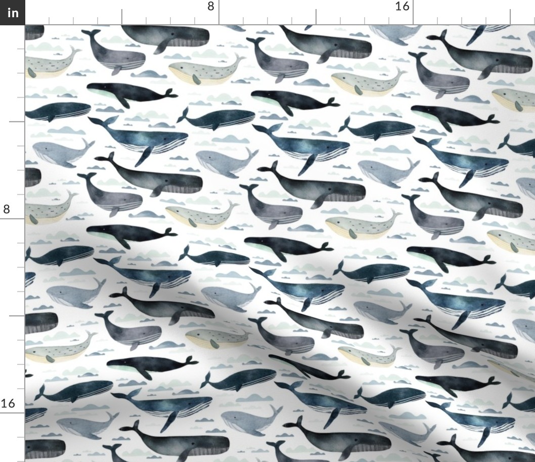 Life at Sea - Hand drawn watercolor whales small - coastal decor - ocean fish - marine