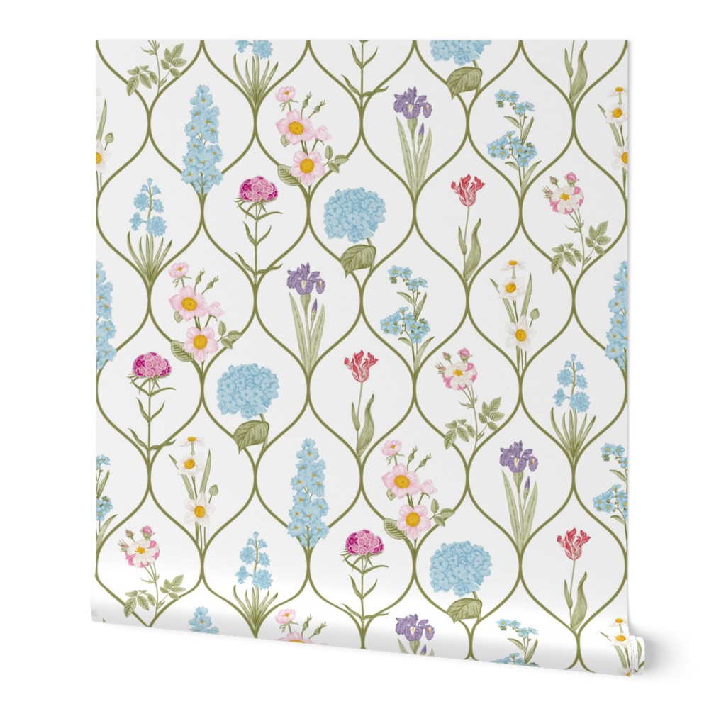 Minimalistic Elegant Feminine Geometric Scandinavian Springflowers  - white/sage