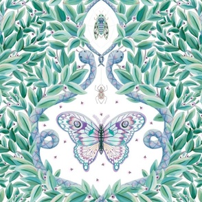 Soft color themed whimsy scene of a jungle with sneaky snakes and luna moths - large print.