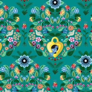 Cheerful pattern of quirky floral damask with cuckoo birds - graphical and colorful - mid size .