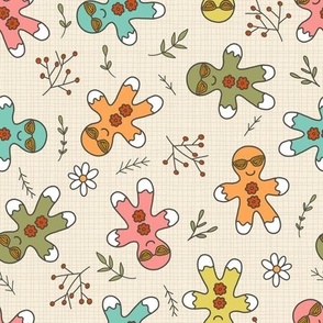 Retro Groovy Gingerbread Man and Botanicals Pattern