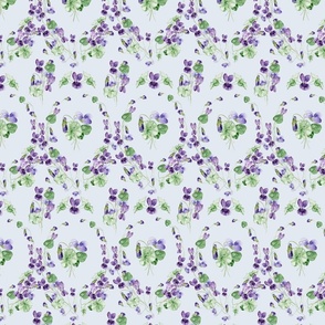 21" Hand painted purple Lilac Watercolor Floral Violets, Violet Geometrical Fabric, Spring Flower Fabric -  on light blue