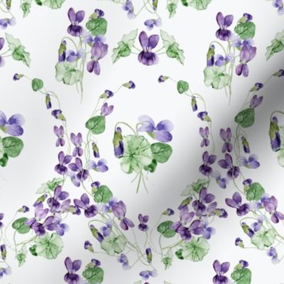 21" Hand painted purple Lilac Watercolor Floral Violets, Violet Geometrical Fabric, Spring Flower Fabric -  on white