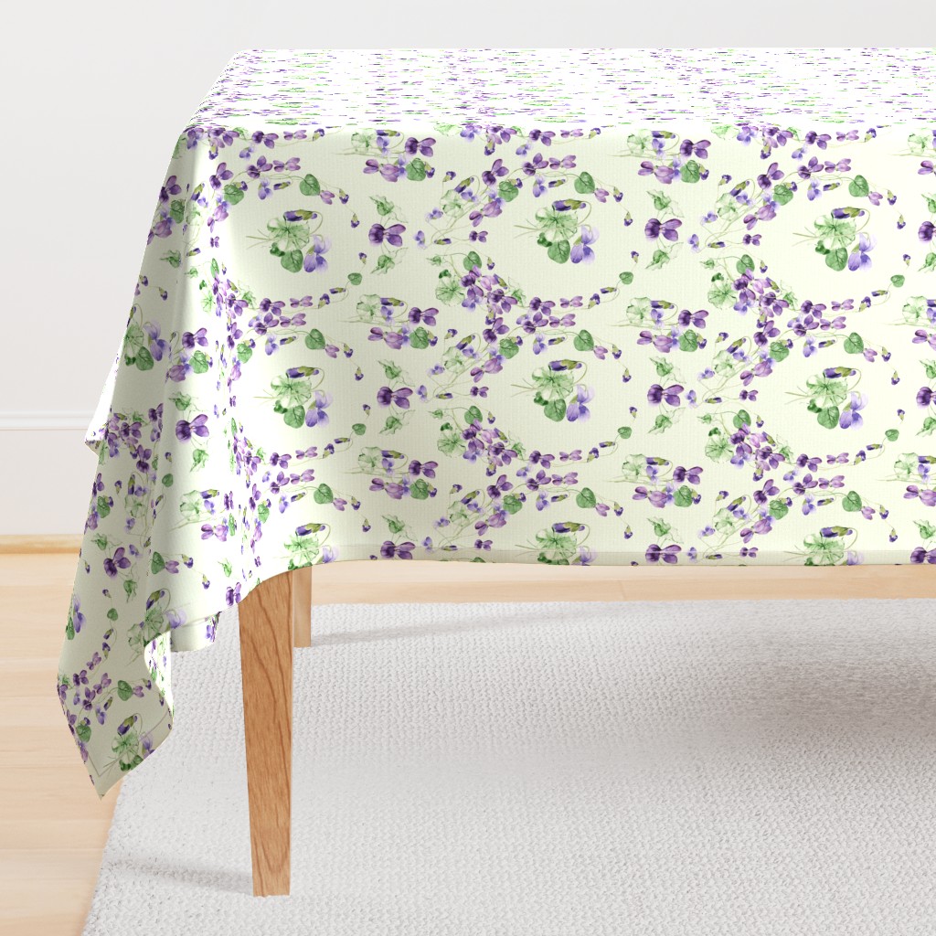 21" Hand painted purple Lilac Watercolor Floral Violets, Violet Geometrical Fabric, Spring Flower Fabric -  on light green