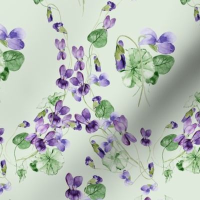 21" Hand painted purple Lilac Watercolor Floral Violets, Violet Geometrical Fabric, Spring Flower Fabric -  on light green
