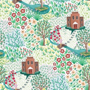 A busy print of colorful  garden scene with cute graphical flowers on white  - mid size.