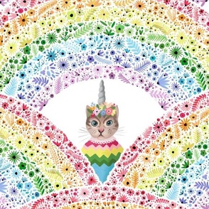 Fun print of rainbows with a cute cat all dress-up  - colorful and fancy- medium scale.