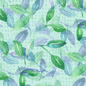 Watercolor Blue and Green Leaves- Large Scale