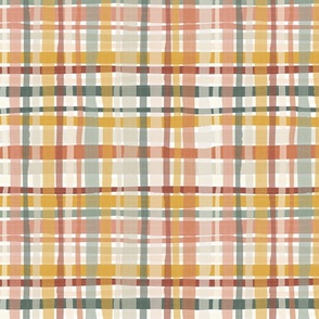 boho casual plaid - western green yellow terracotta - textured wonky gingham wallpaper and fabric