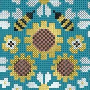 Normal scale // Cross stitch daisies pansies sunflowers and bees // peacock blue background cross stitch spring flowers