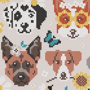 Large jumbo scale // Spring pawsing // beige background cross stitch dog breeds dachshund pug beagle dalmatian welsh corgi chihuahua  
german shepherd jack russel terrier labrador with wild flowers bees and butterflies