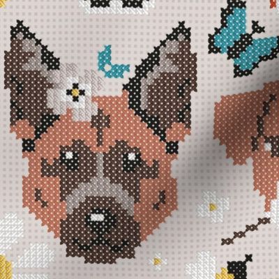 Normal scale // Spring pawsing // beige background cross stitch dog breeds dachshund pug beagle dalmatian welsh corgi chihuahua  
german shepherd jack russel terrier labrador with wild flowers bees and butterflies