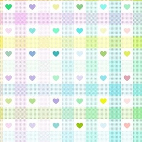 Multi colored  hearts on gingham print - rainbow, squares , checks - large print .