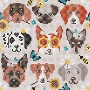 Small scale // Spring pawsing // beige background cross stitch dog breeds dachshund pug beagle dalmatian welsh corgi chihuahua  
german shepherd jack russel terrier labrador with wild flowers bees and butterflies