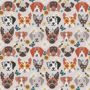 Tiny scale // Spring pawsing // beige background cross stitch dog breeds dachshund pug beagle dalmatian welsh corgi chihuahua  
german shepherd jack russel terrier labrador with wild flowers bees and butterflies