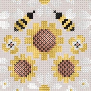 Normal scale // Cross stitch daisies pansies sunflowers and bees // beige background cross stitch spring flowers