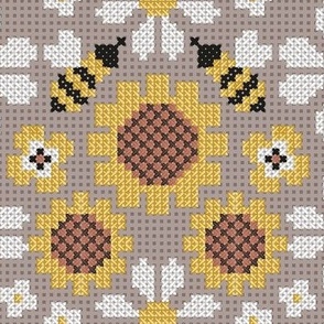 Normal scale // Cross stitch daisies pansies sunflowers and bees // dusty grey background cross stitch spring flowers