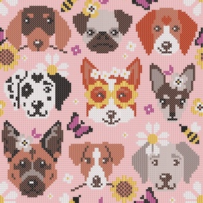 Normal scale // Spring pawsing // cotton candy pink background cross stitch dog breeds dachshund pug beagle dalmatian welsh corgi chihuahua  
german shepherd jack russel terrier labrador with wild flowers bees and butterflies