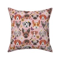 Small scale // Spring pawsing // cotton candy pink background cross stitch dog breeds dachshund pug beagle dalmatian welsh corgi chihuahua  
german shepherd jack russel terrier labrador with wild flowers bees and butterflies