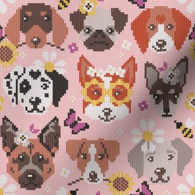 Small scale // Spring pawsing // cotton candy pink background cross stitch dog breeds dachshund pug beagle dalmatian welsh corgi chihuahua  
german shepherd jack russel terrier labrador with wild flowers bees and butterflies