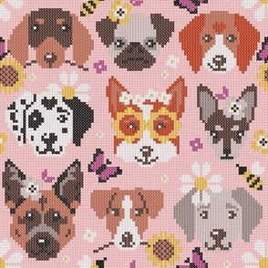 Small scale // Spring pawsing // cotton candy pink background cross stitch dog breeds dachshund pug beagle dalmatian welsh corgi chihuahua  
german shepherd jack russel terrier labrador with wild flowers bees and butterflies