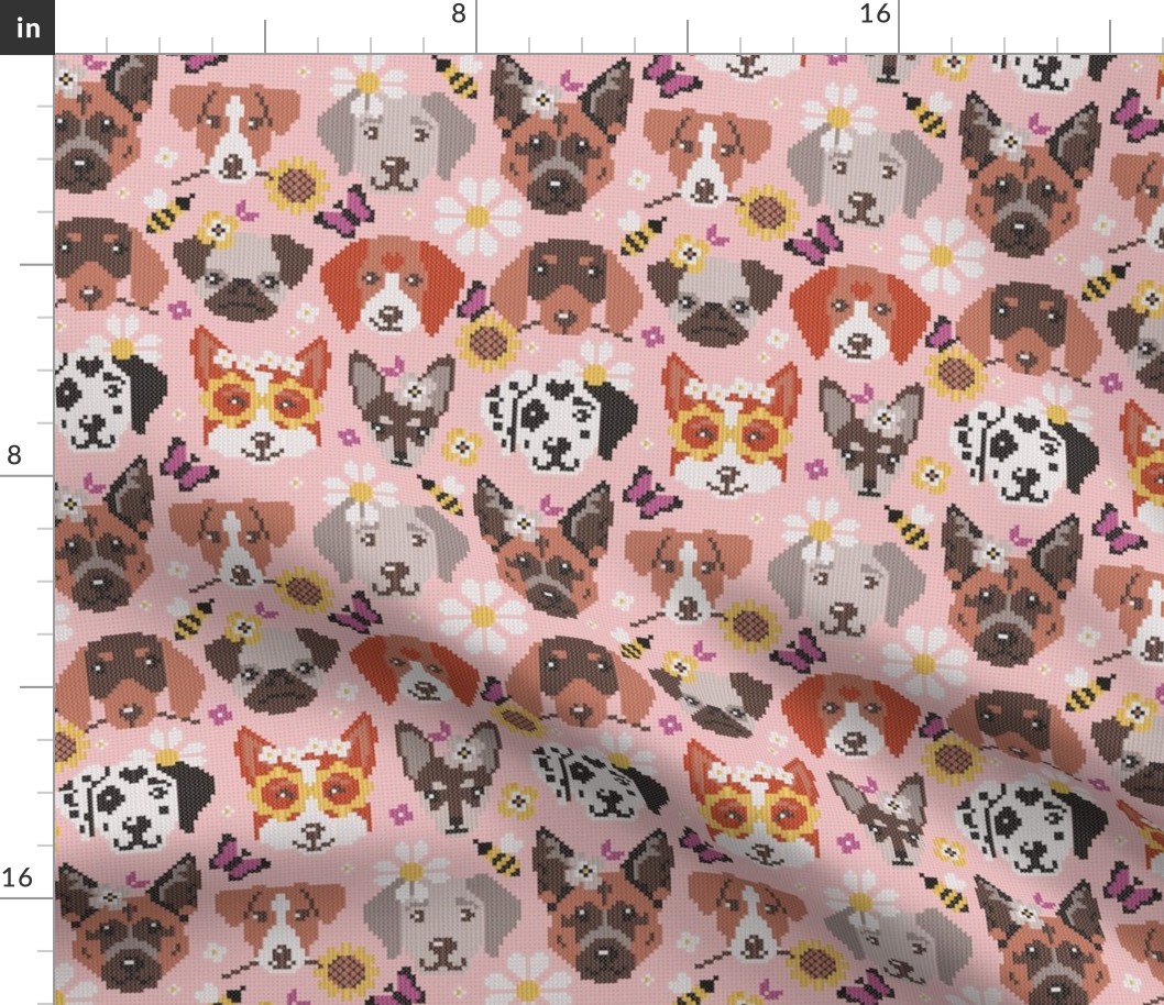 Small scale // Spring pawsing // cotton candy pink background cross stitch dog breeds dachshund pug beagle dalmatian welsh corgi chihuahua  
german shepherd jack russel terrier labrador with wild flowers bees and butterflies