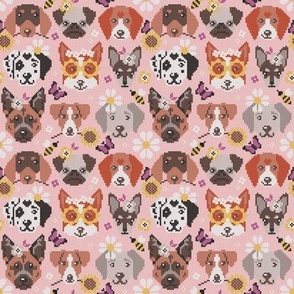 Tiny scale // Spring pawsing // cotton candy pink background cross stitch dog breeds dachshund pug beagle dalmatian welsh corgi chihuahua  
german shepherd jack russel terrier labrador with wild flowers bees and butterflies