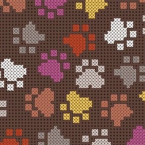 Normal scale // Pawsome cross stitch // brown background yellow brown berry and peony pink paw prints