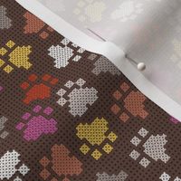 Small scale // Pawsome cross stitch // brown background yellow brown berry and peony pink paw prints