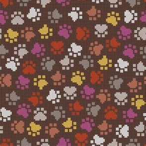 Small scale // Pawsome cross stitch // brown background yellow brown berry and peony pink paw prints