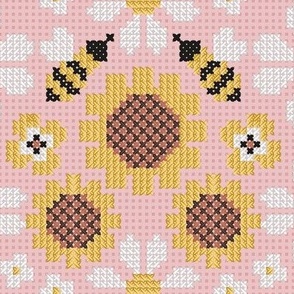 Normal scale // Cross stitch daisies pansies sunflowers and bees // cotton candy pink background cross stitch spring flowers