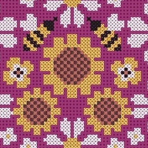 Normal scale // Cross stitch daisies pansies sunflowers and bees // berry pink background cross stitch spring flowers