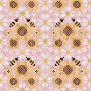 Small scale // Cross stitch daisies pansies sunflowers and bees // cotton candy pink background cross stitch spring flowers