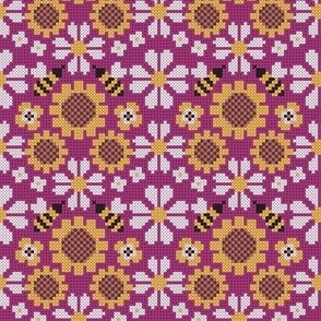 Small scale // Cross stitch daisies pansies sunflowers and bees // berry pink background cross stitch spring flowers