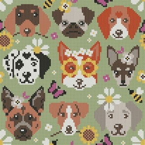 Normal scale // Spring pawsing // sage green background cross stitch dog breeds dachshund pug beagle dalmatian welsh corgi chihuahua  
german shepherd jack russel terrier labrador with wild flowers bees and butterflies