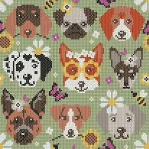Small scale // Spring pawsing // sage green background cross stitch dog breeds dachshund pug beagle dalmatian welsh corgi chihuahua  
german shepherd jack russel terrier labrador with wild flowers bees and butterflies