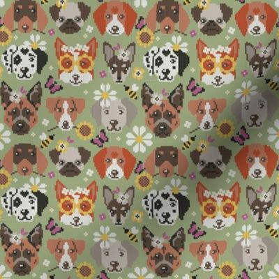 Tiny scale // Spring pawsing // sage green background cross stitch dog breeds dachshund pug beagle dalmatian welsh corgi chihuahua  
german shepherd jack russel terrier labrador with wild flowers bees and butterflies