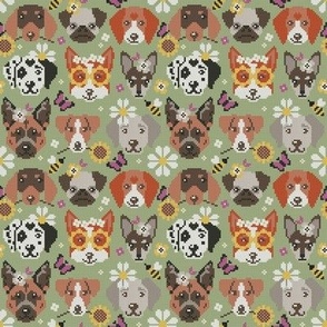 Tiny scale // Spring pawsing // sage green background cross stitch dog breeds dachshund pug beagle dalmatian welsh corgi chihuahua  
german shepherd jack russel terrier labrador with wild flowers bees and butterflies