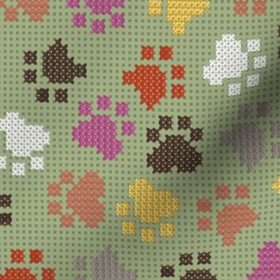 Normal scale // Pawsome cross stitch // sage background yellow brown berry and peony pink paw prints