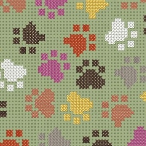 Normal scale // Pawsome cross stitch // sage background yellow brown berry and peony pink paw prints