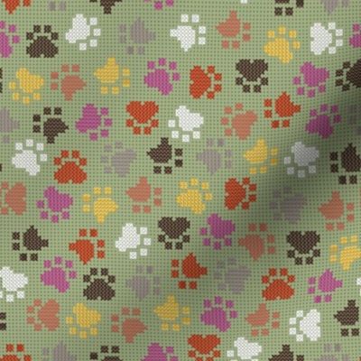 Small scale // Pawsome cross stitch // sage background yellow brown berry and peony pink paw prints