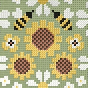 Normal scale // Cross stitch daisies pansies sunflowers and bees // sage green background cross stitch spring flowers