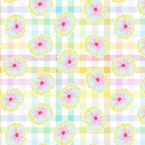 Playful ditsy flowers on gingham checks - rainbow colors and light tones - small scale .