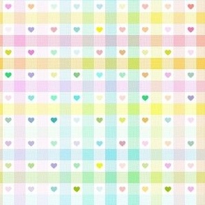 Multi colored  hearts on gingham print - rainbow, squares , checks  - small print 