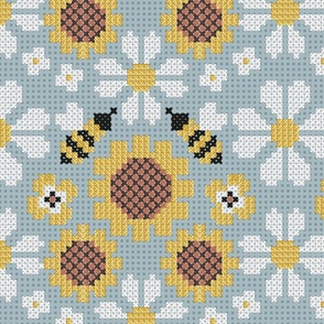 Large jumbo scale // Cross stitch daisies pansies sunflowers and bees // heather blue background cross stitch spring flowers