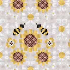 Large jumbo scale // Cross stitch daisies pansies sunflowers and bees // beige background cross stitch spring flowers